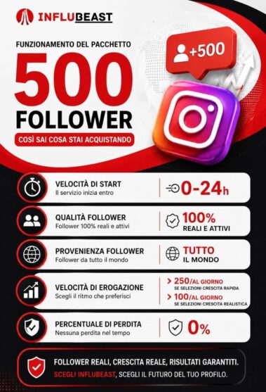 descrizione pacchetto 500 follower instagram reali con modalità di erogazione e statistiche